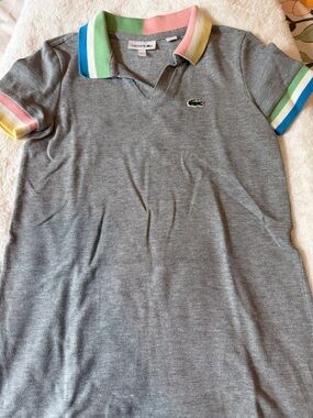 Lacoste Kids Gray Polo with Pastel Rainbow Collar and Cuffs